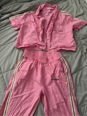 Palm Angels Kids Pink Logo Two-Piece Pajama Set with Stripe Trim